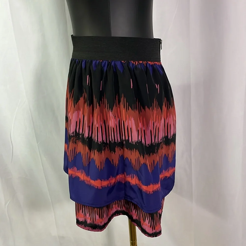 LC Lauren Conrad Pink Purple & Black Printed Tiered Hem High Waisted Mini Skirt